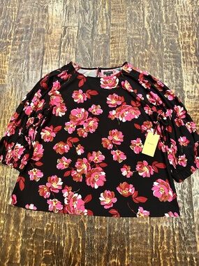 Halogen Black Floral Puff-Sleeve Blouse - Pink & Red Flowers - NWT